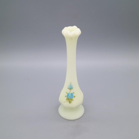 Fenton Yellow Satin Custard Glass Hand Painted Bud Vase Blue Satin Roses Signed - Picture 6 of 9